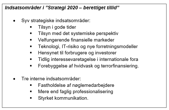 Figuren viser indsatsområdet i "Strategi 2020 - berettiget tillid" for henholdsvis syv strategiske indsatsområder og tre interne indsatsområder.